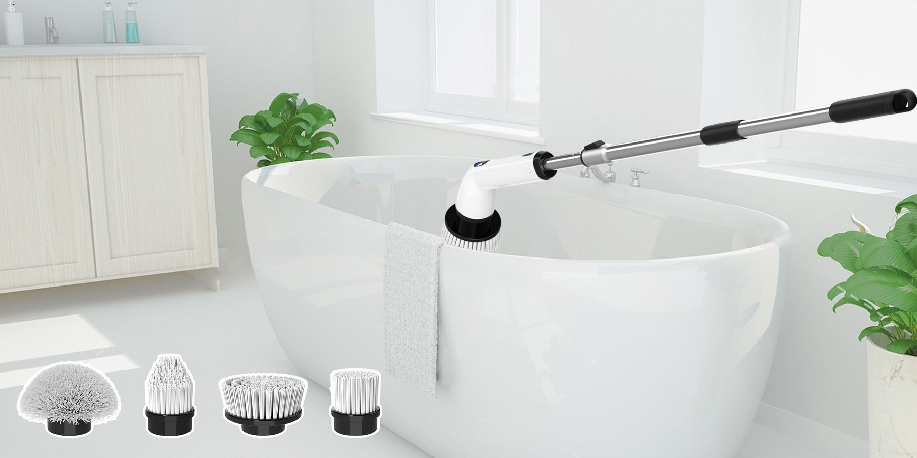 TUYU spin scrubber cleaning a bathtub with brush heads laid out