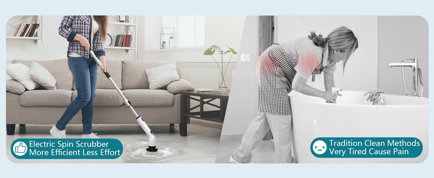 Electric spin scrubber standing up compared with hand scrubbing bent over the tub