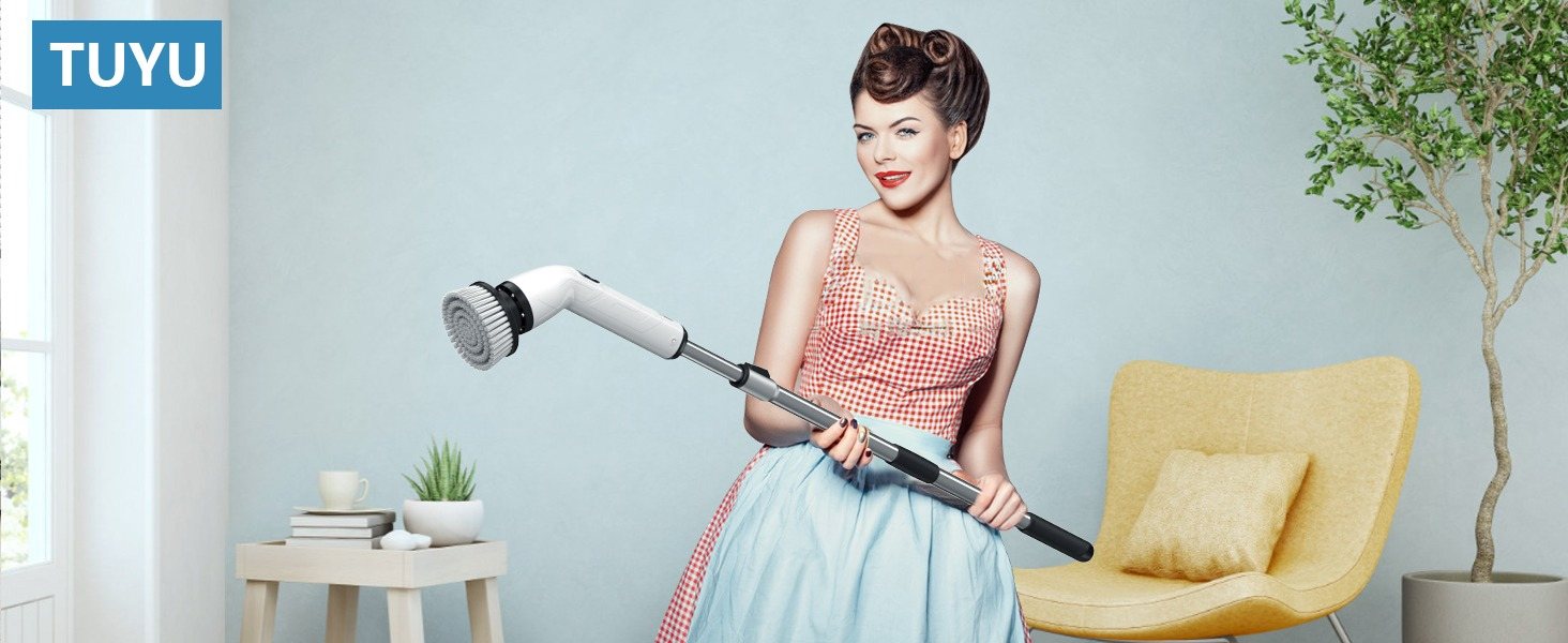 Woman cleaning a living room floor with the TUYU cordless spin scrubber