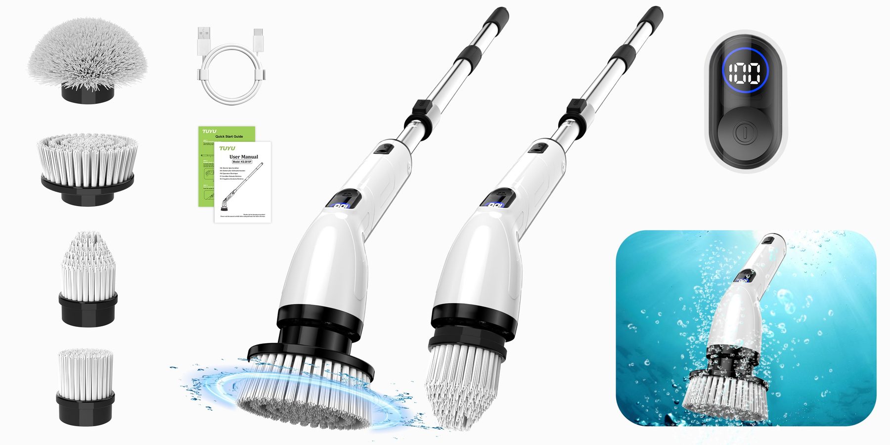 TUYU electric spin scrubber kit with interchangeable brush heads and battery display